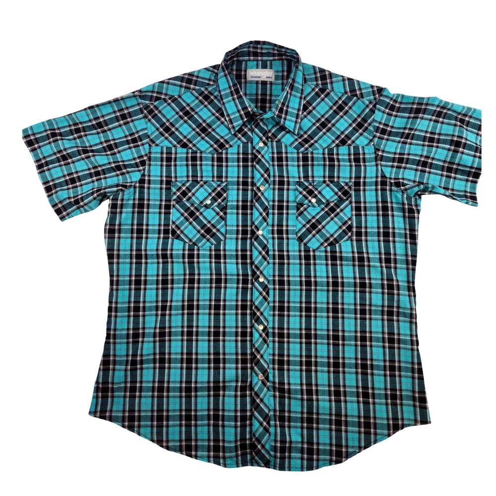 Vintage Wrangler Wrancher Western Plaid Short Sleeve Shirt Turquoise